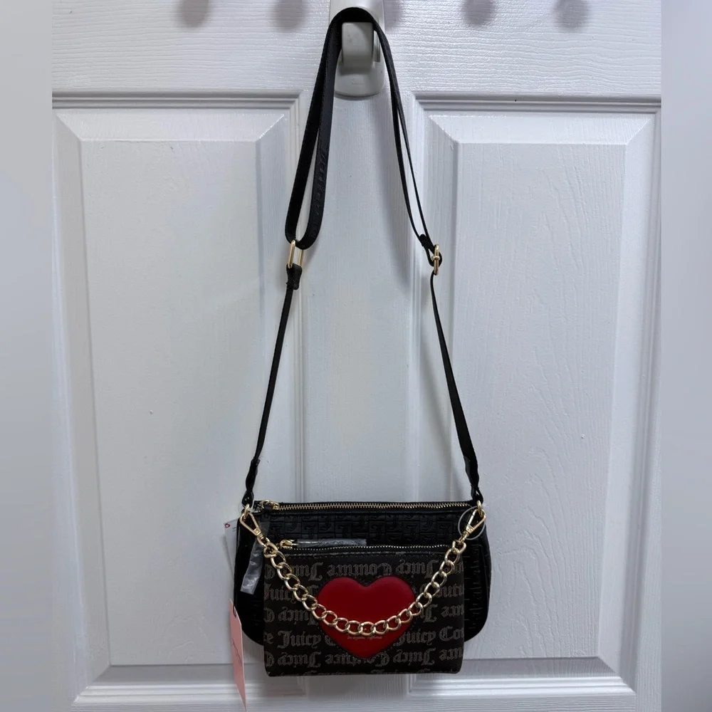 NWT Juicy Couture Double Trouble II Crossbody Bag Heart and Gold Chain
